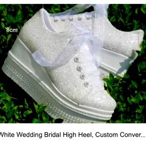 Wedding Custom Bridal Converse, Lace and faux pearls high heel sneakers.